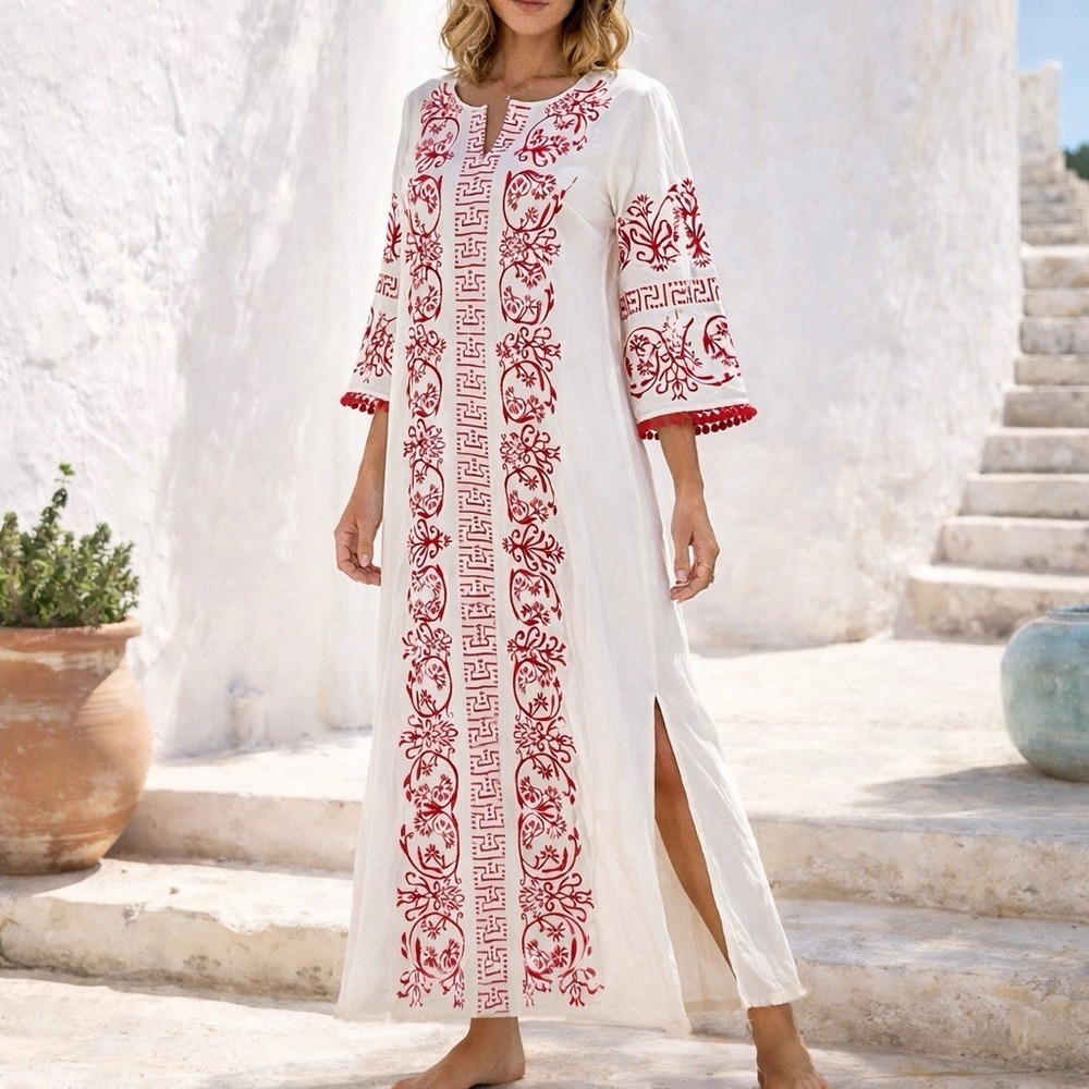 Soft Surroundings Dress Small Cream Red Embroidered Slits Maxi Lined Tasseled